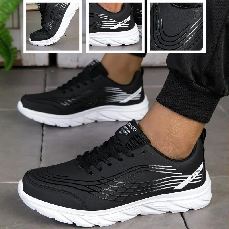 Men Waterproof Leather Running Sneakers Light Weight Shock Absorption Lace‑up Sport Footwear for Fitness Travel Daily Casual