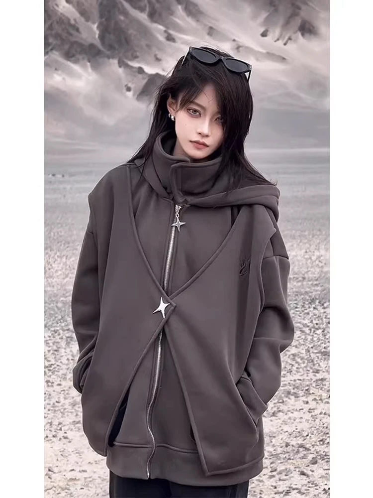 

Heavyweight Fake Two-Piece Hooded Cardigan Men's Faion American Sle Spring Autumn Jaet Stand Collar Zipper Closure Casu...