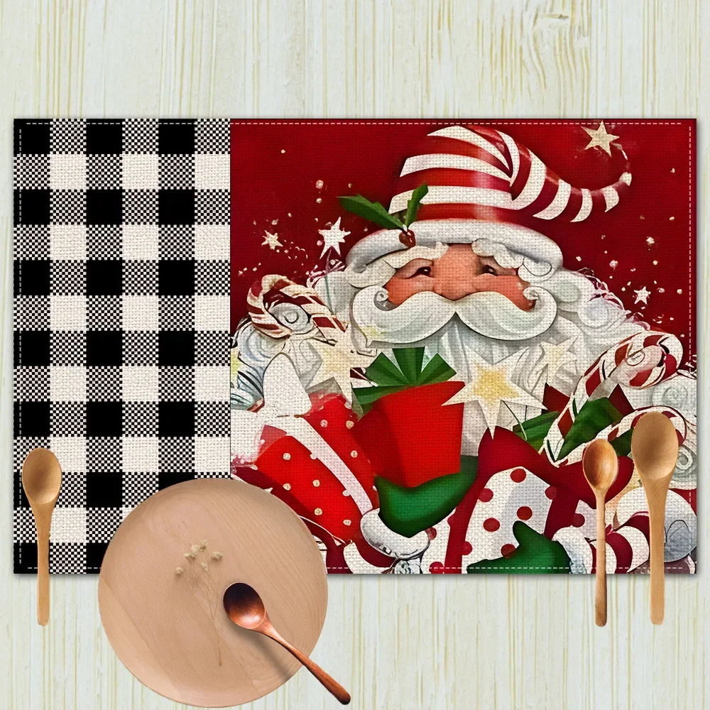 2024 New Santa Claus Print Christmas Decorations Black and White Plaid Placemats Creative Restaurant Kitchen Utensils