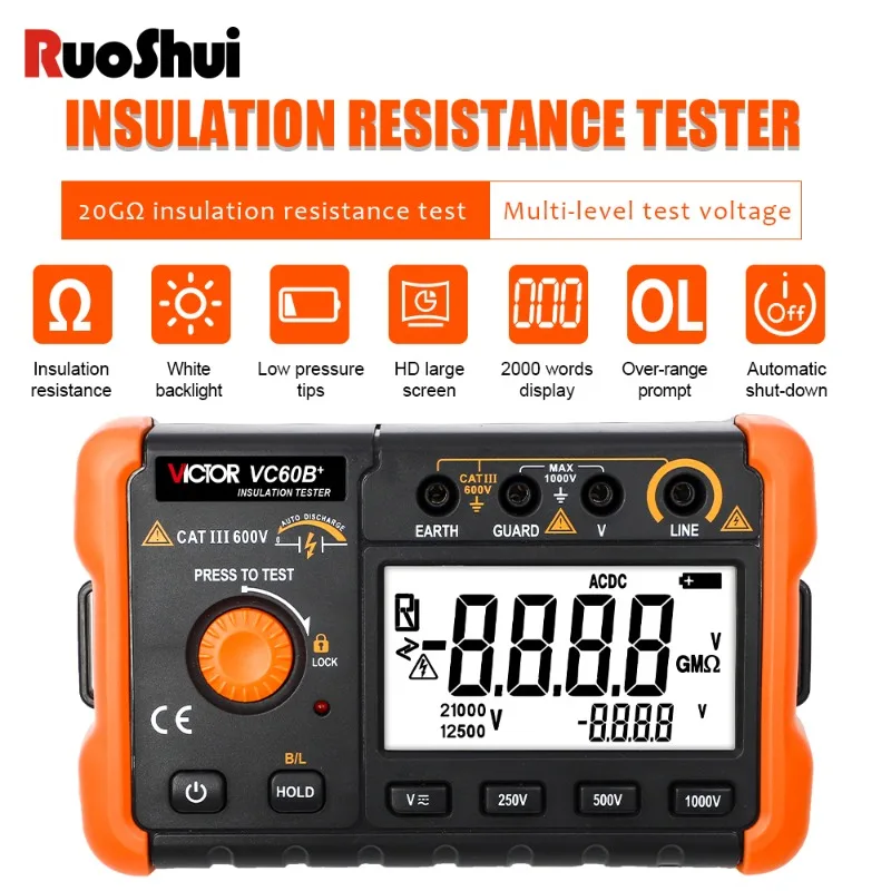 RuoShui 60B+ Digital Insulation Resistance Tester 1000V  Test DC AC 2000m Ohm High Voltage Short Circuit Input Alarm VC60B