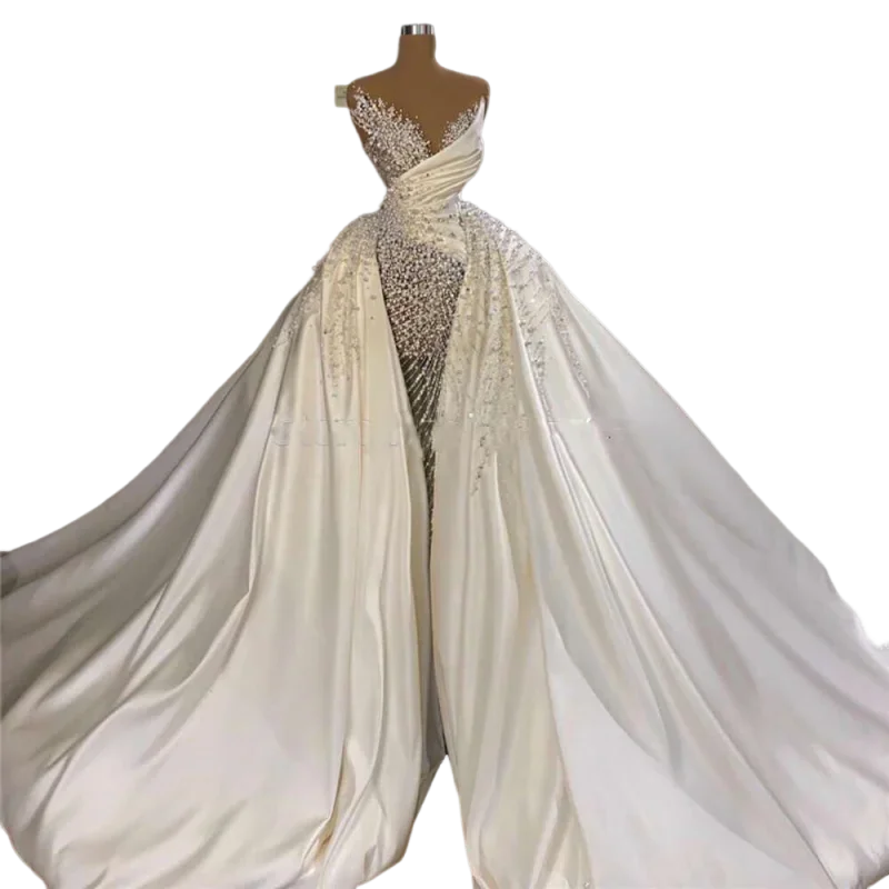 

Customized Pearls Long Wedding Gowns Fashion V-neck Strapless Custom Gown Elegant Removable Skirt Bride Dress