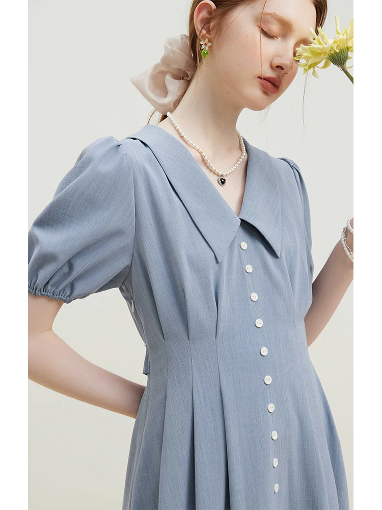 FSLE Temperament Lange Frauen Solide Plissee X-LINE Röcke 2023 Sommer Büro Dame Taste Design Polo Neck Puff Sleeve kleid