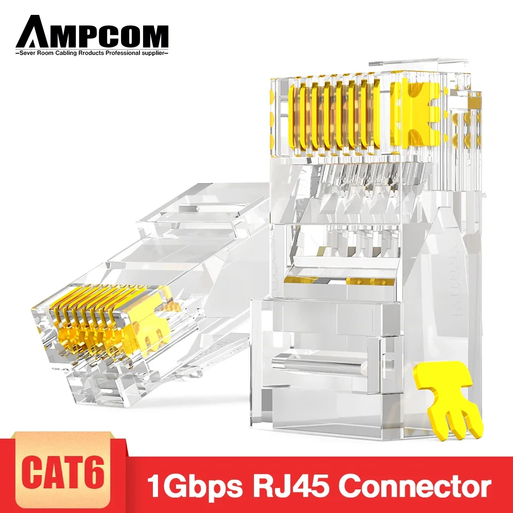 Conector de clavija Modular AMPCOM CAT6 RJ45 UTP 30/50U extremo de engarzado 8P8C chapado en oro para Cable Ethernet, conector de Cable Ethernet a granel