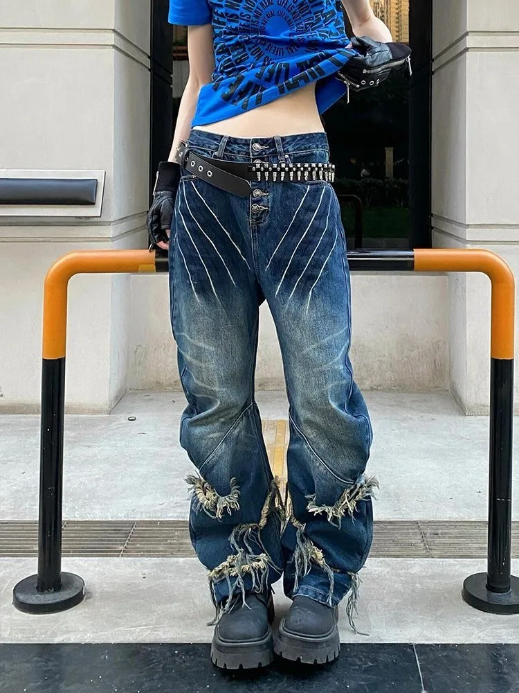 

2025 американские ретро стильные лоскутные синие мешковатые джинсы в стиле Y2K, брюки для женщин, одежда, прямые новые женские джинсовые брюки в стиле рок