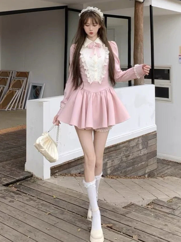 Fairy Sweet Peter Pan Collar Bow Dress Women Vintage Patchwork Lace Dresses Y2k Aesthetic Puff Sleeve Party Midi Vestido 2024