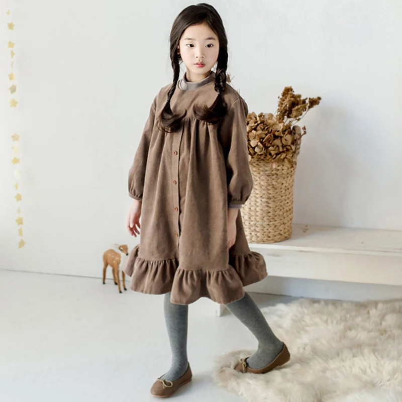 6 To 25 Years , 2024 New Autumn Midi Long Corduroy Dress For Girls Ruffles Flounce Dresses Long Sleeves Kids Clothes Spring