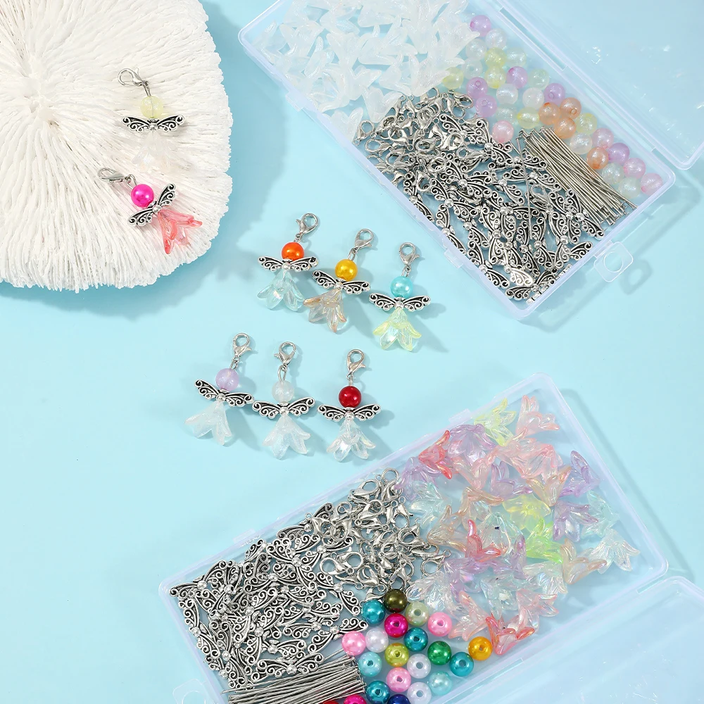 150-teiliges DIY Schmuckherstellungs-Set mit Gemischten Acryl-Lilienblumen-Perlen, Engelsflügel-Anhängern und Karabinerverschlüssen für Armband-Zubehör – Detail 6