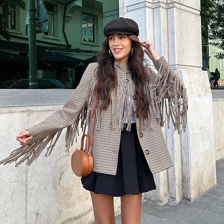 

Модная шерстяная куртка в клетку с бахромой, женская одежда, осень/зима, свободное повседневное короткое пальто в американском стиле ретро с воротником-стойкой, женские топы