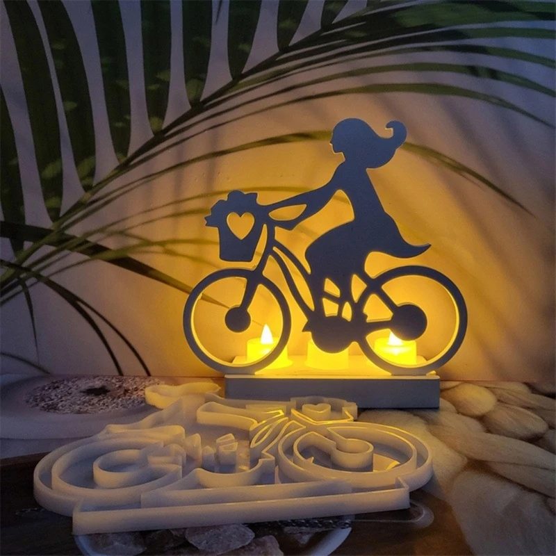 Molde silicona Flexible para manualidades, molde para adornos con forma bicicleta y niña, moldes para candelabros, textura