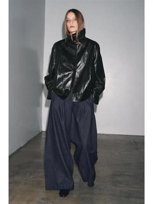 ロングスベパイロットジャケットアウターウェアジッパー開閉式kブルー秋用フリップカバーフェムレザーコート通勤用合成レザー...