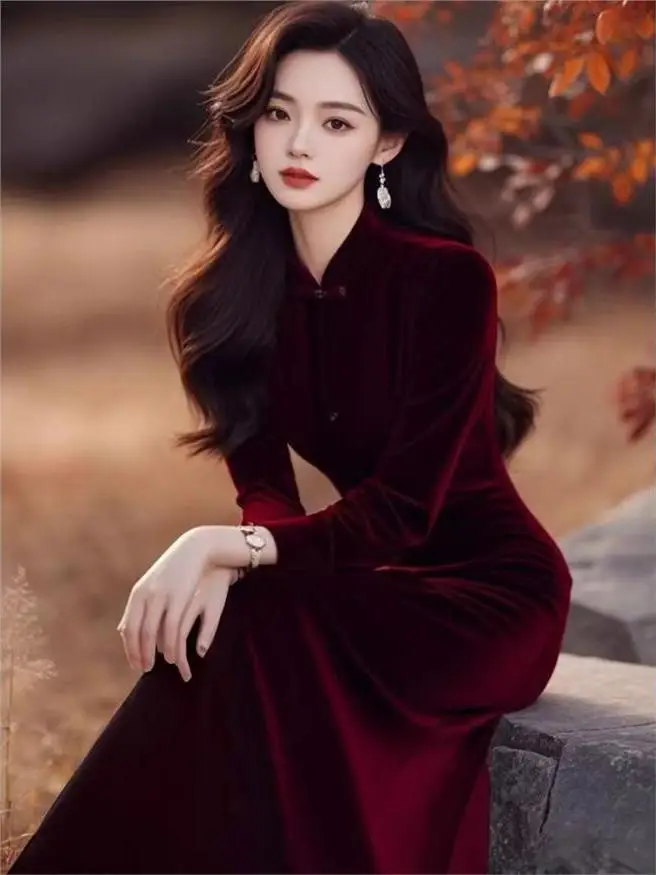 

Elegant Red Velvet Dress Chinese Style Formal Occasion High Waist Slim Fit Long Sleeve Stand Collar Strapless Gown