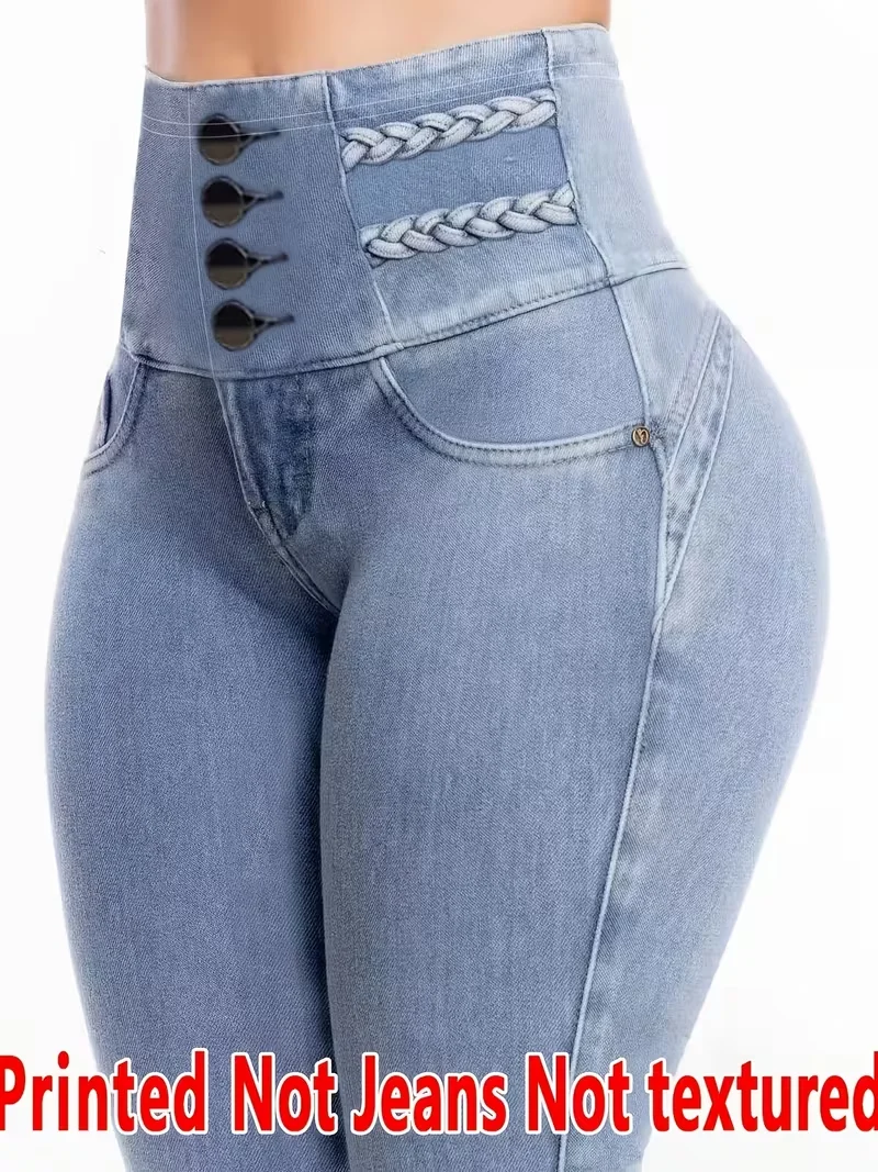 Bedruckte Leggings für Damen, kein Denim-Stoff, Hosen mit aufgesetzter Tasche und Knopfdruck-Design, hochelastisch, modisch, schmal geschnitten, lässig – Detail 1