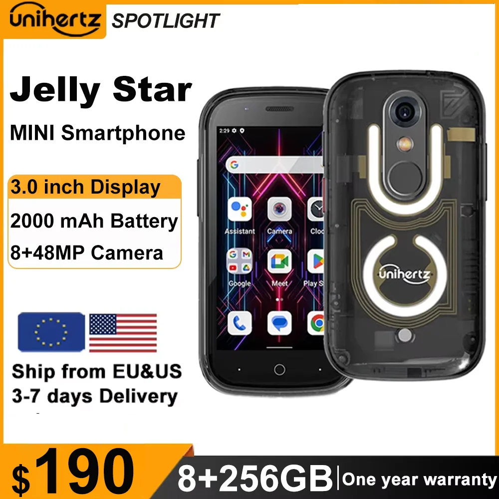 Unihertz Jelly Star Mini Smartphone Android 13 8GB 256GB Led Light Unlocked Transparent Backshell Cellphones 48MP 3 inch Phone