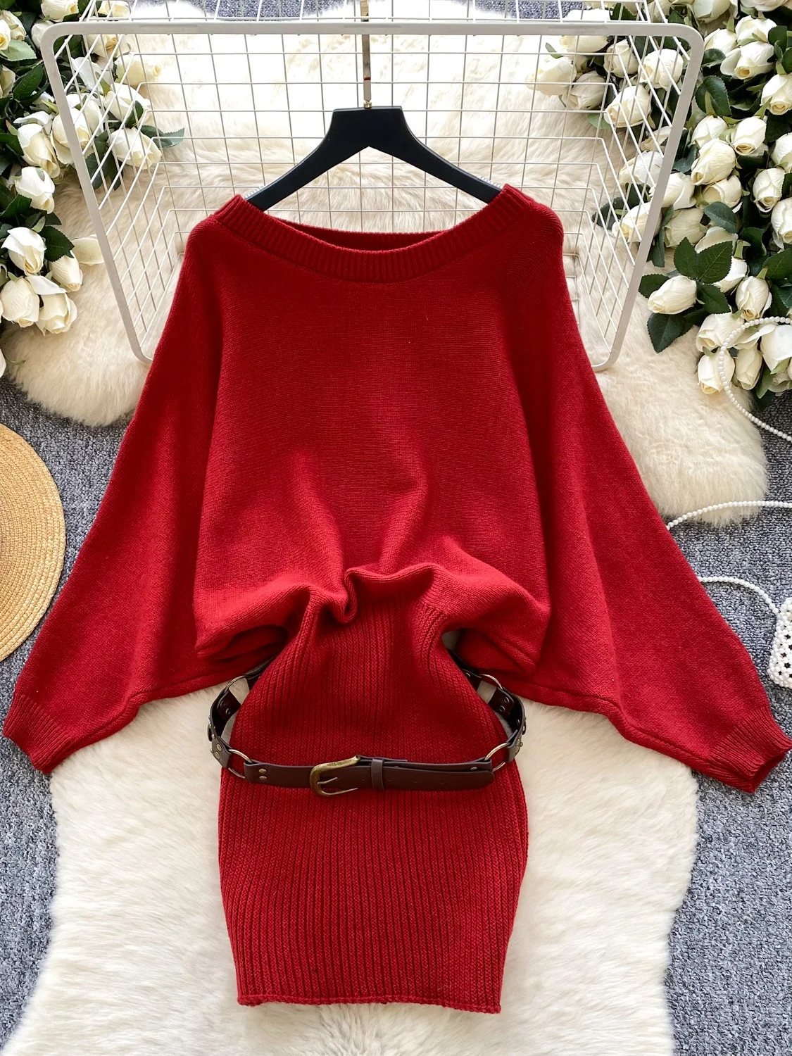 ピュアデザイア ハイウエスト ニット バットウィング スカート ベルト付き レディース 通勤 スタイル Aライン スカート ボディコン