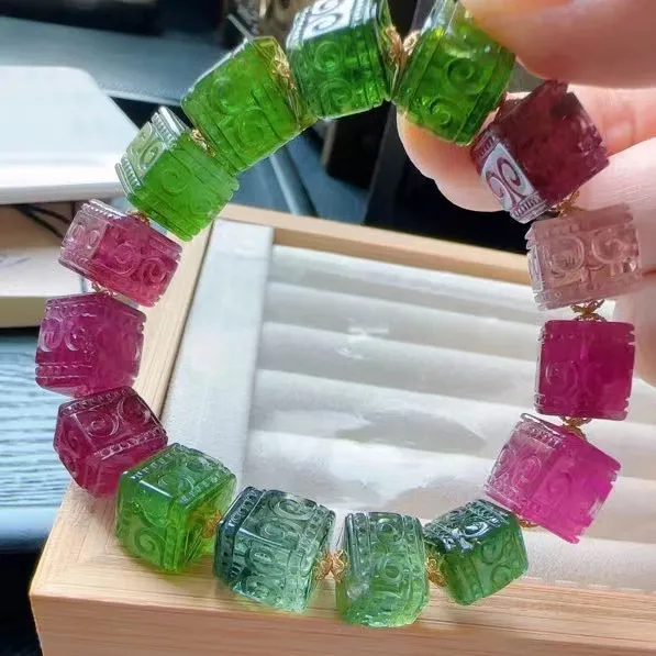 Natural Colorful Tourmaline Clear Round Beads Bracelet 12/18/10mm Brazil Cube Green Red Tourmaline Women Men AAAAAAA