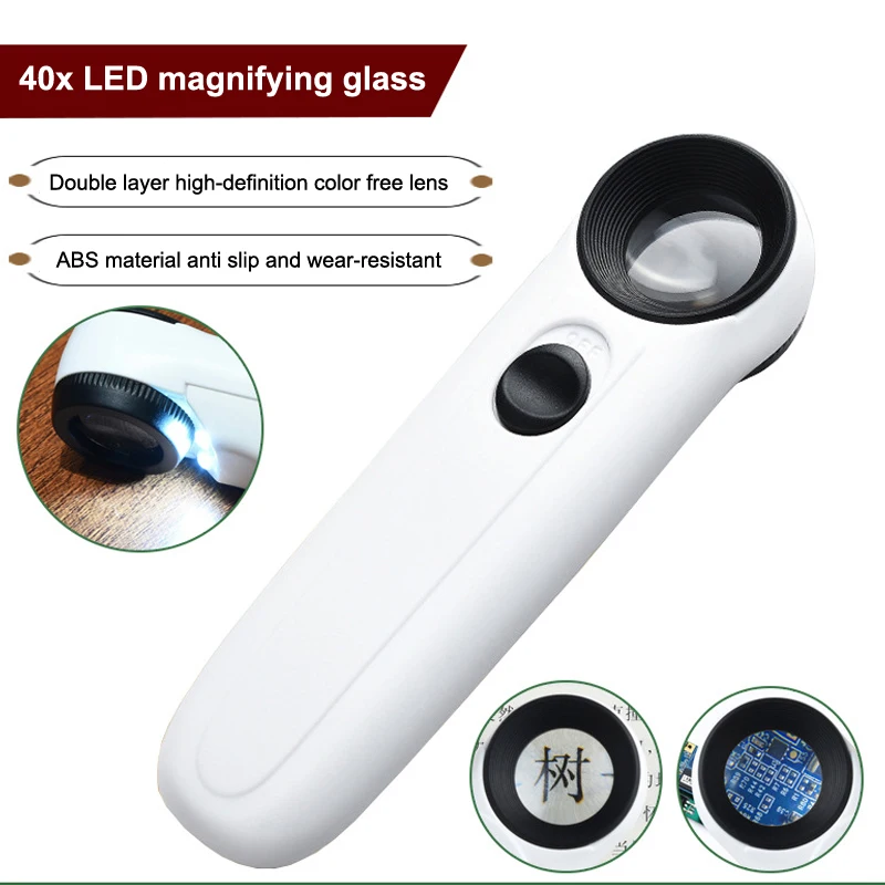 40X Handheld Magnifier With Two LED Lights Identification Jewelry Jade Mirror HD Magnifying Glass