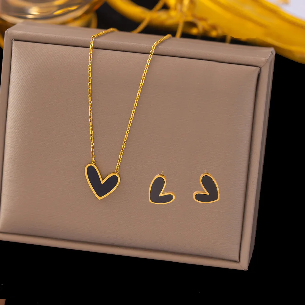 Stainless Steel Sweet Love Heart Pendant Necklace Earrings Jewelry Set For Women Girls Gold Color Chain Accessories Party Gifts