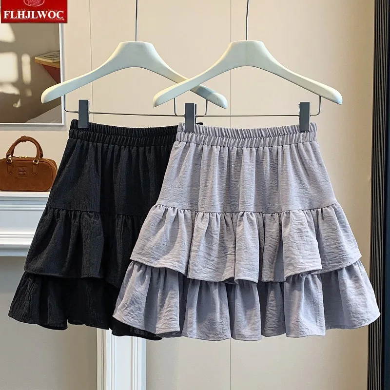Women's Cotton Linen Ruffle Mini Skirt Casual High Waist A Line Short Skirt Japanese Girls Cute Slimming Summer Skirt for Ladies