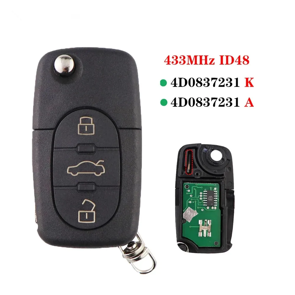 Car Remote Flip Key 3 Button 433Mhz ID48 Chip 4D0837231A 4D0837231K Auto For Audi A3 A4 A6 A8 TT RS4 Quattro 1994 - 2004 2pcs