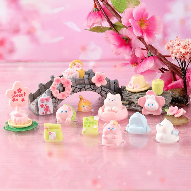 Cartoon Cherry Blossom Grassland Small Animals Miniature Figurine Ornament Micro Landscape Home Decoration Accessories Gifts