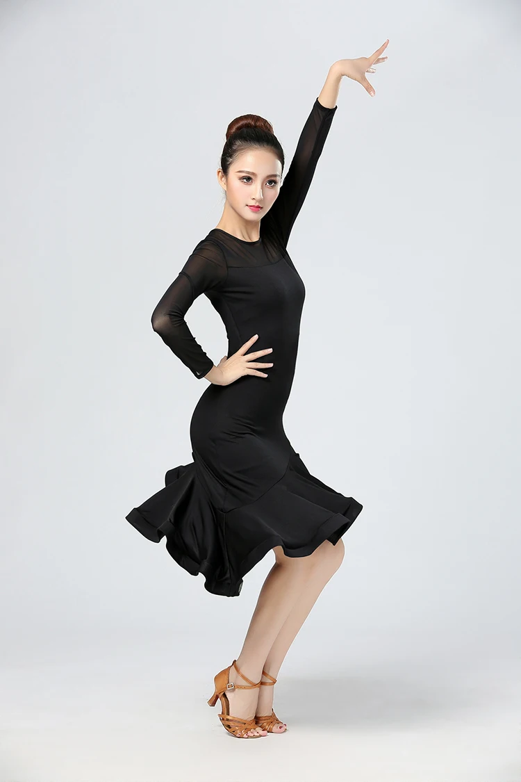 Robe latine à manches longues pour femmes, Costume de danse en velours noir pour adultes, Tango moderne, Rumba Cha Salsa