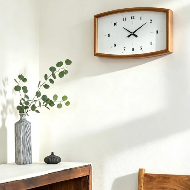 Solid Wood Wall Clock Nordic Aesthetic Creative Curved Edge Square Wall Clocks Luxury Design Silent Clock Art Room Decoration