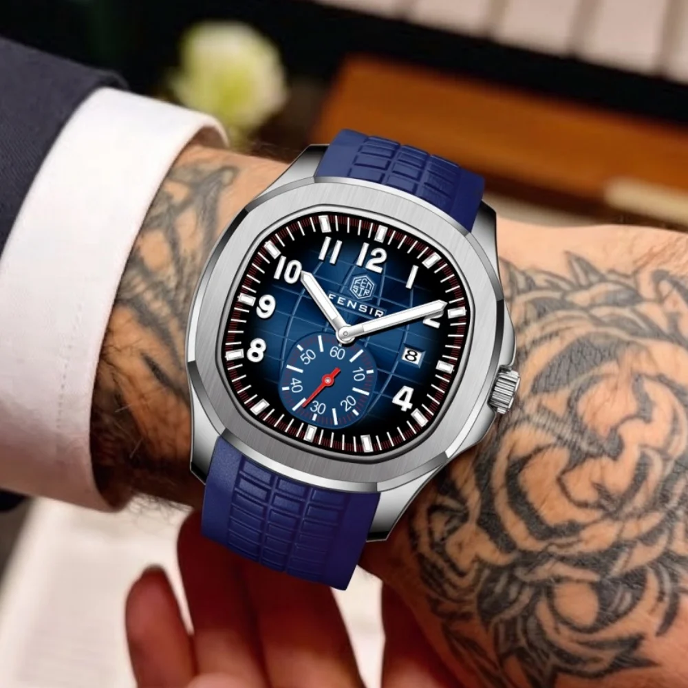 Trendy Punk Men's Quartz Watch with Mesh Blue Dial and Small Second Hand Design, Calendar, Luminous, Waterproof Features, Comfortable Rubber Strap, Business Casual Sports Style, Versatile Men's Everyday Watch