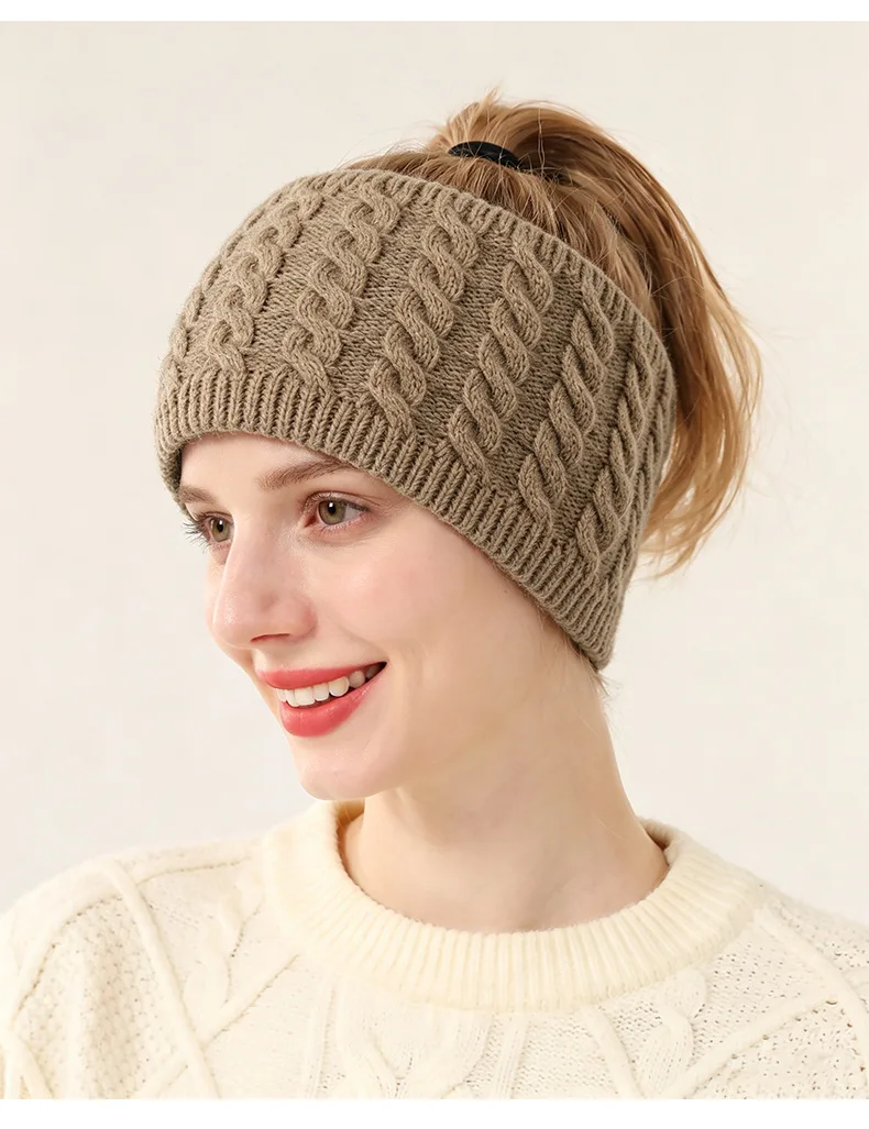 2026 Women Fleece Lined Knitted Headband Winter Warm Cable Knit Ponytail Beanie Hat Thermal Ear Warmer Hairband Outdoor Headwear