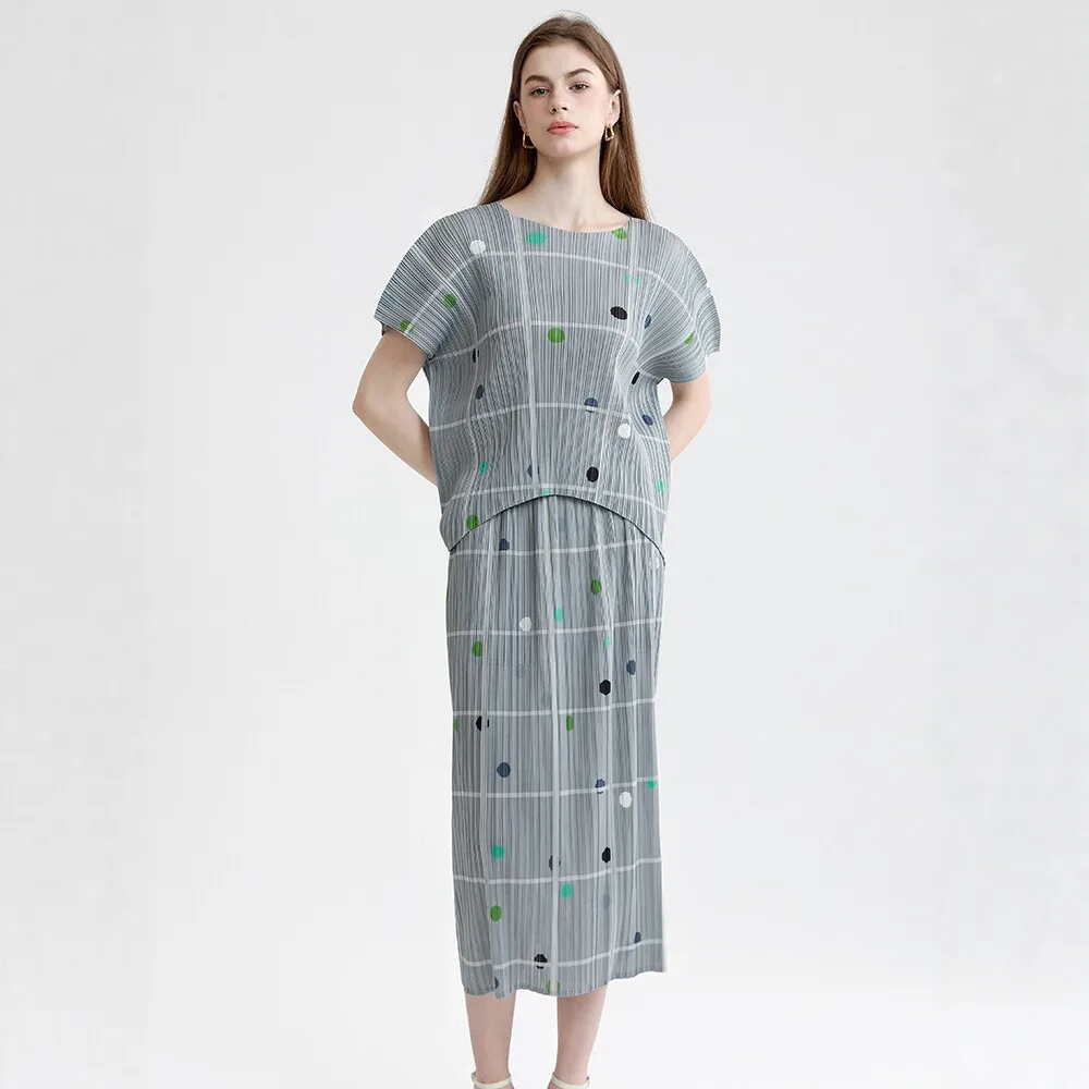 

High Quality Women's Short-sleeved Collar Top Dot Skirt Set Summer 2piece Set
