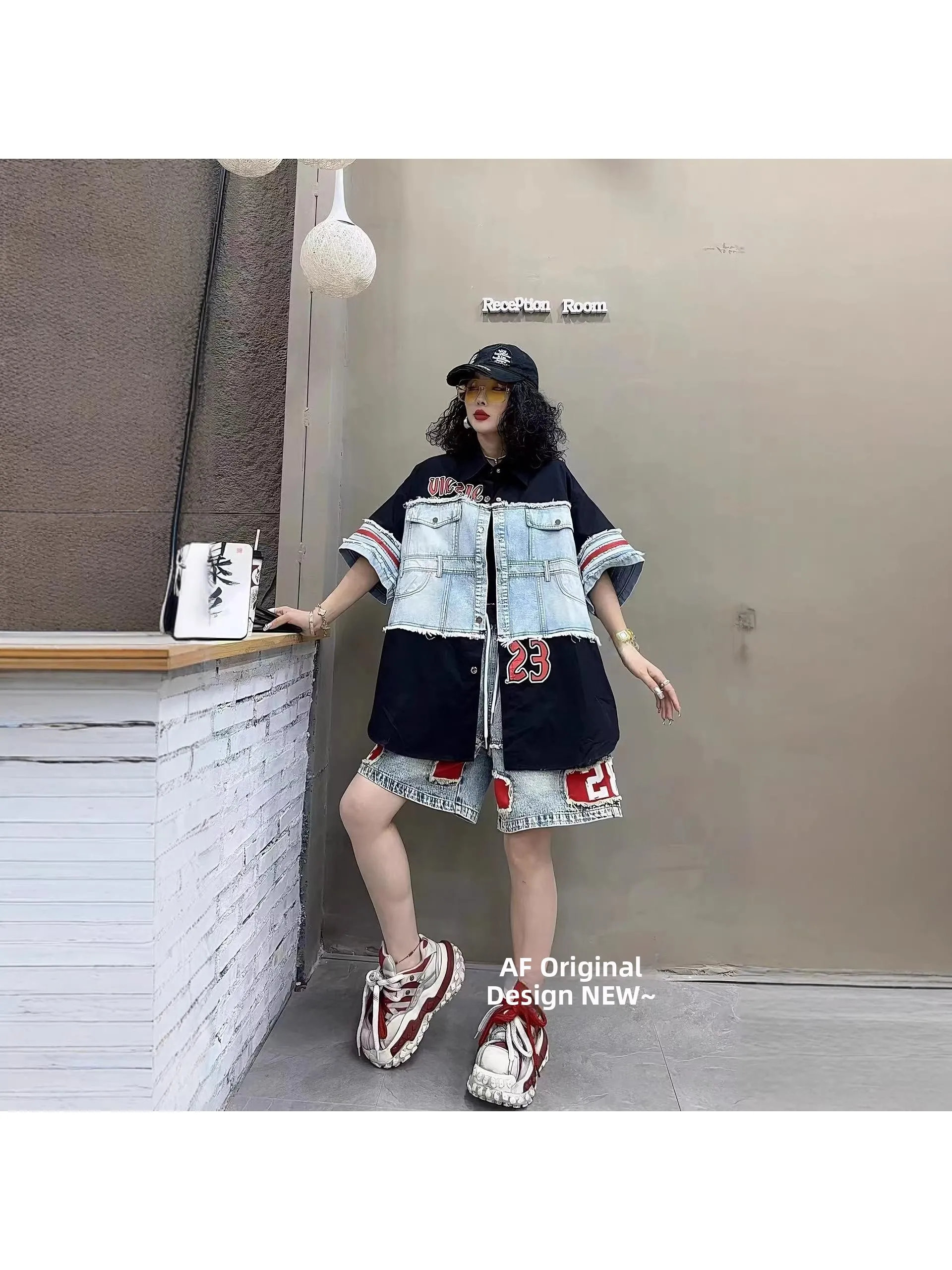 

Women's Denim Shirt Spring Summer New Style Candy Color Splicing Washed 23 Letters Print Loose Fit Short Sleeve Casual Top