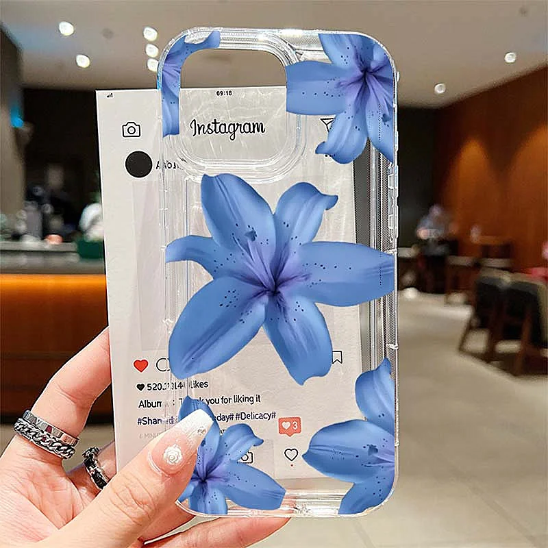 Elegant Blue Lily Pattern TPU Phone Case For iPhone 16 14 17 Pro