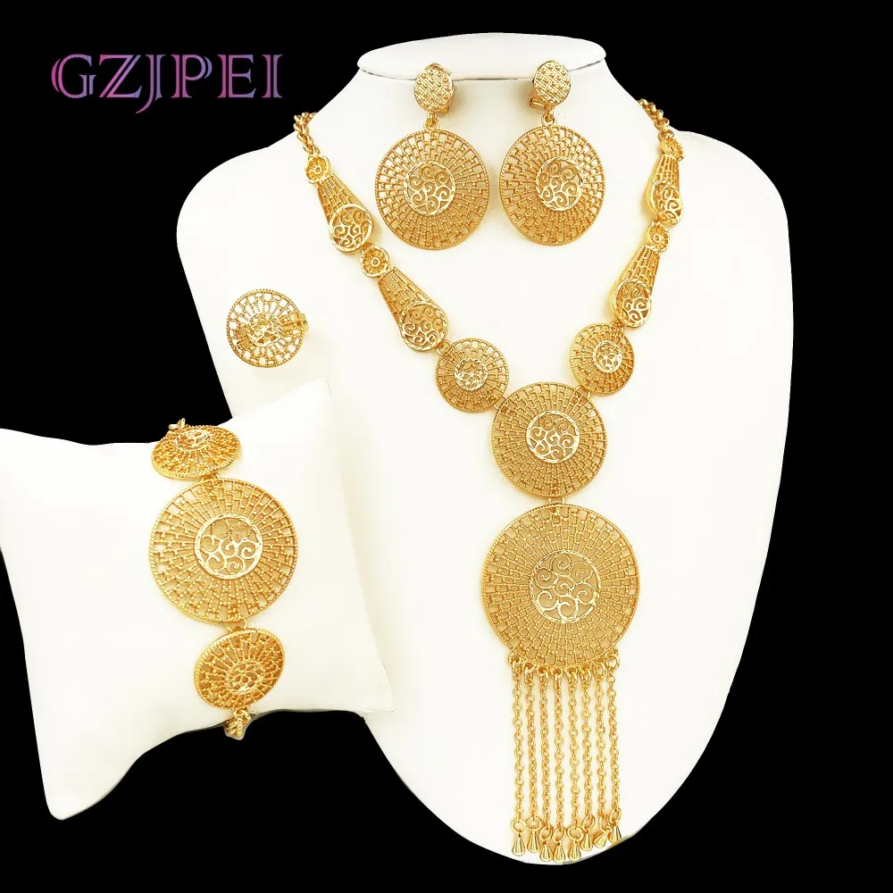 

GZJPEI 4Pcs Gold Color Tassel Jewelry Set Nigerian African Long Chain Necklace Earring Bracelet Ring For Women Wedding Gift 2025