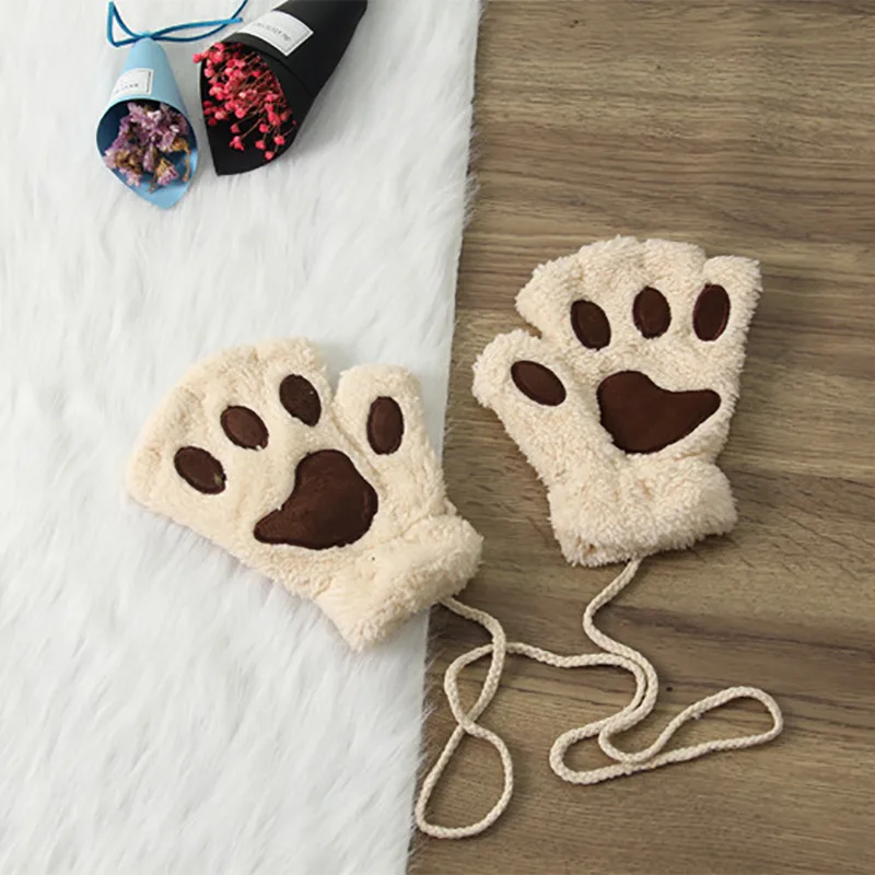 Guantes de garra de Pata de Gato de felpa de oso encantador para mujer, mitones sin dedos para mujer, regalos de Navidad y Halloween, moda de niña,