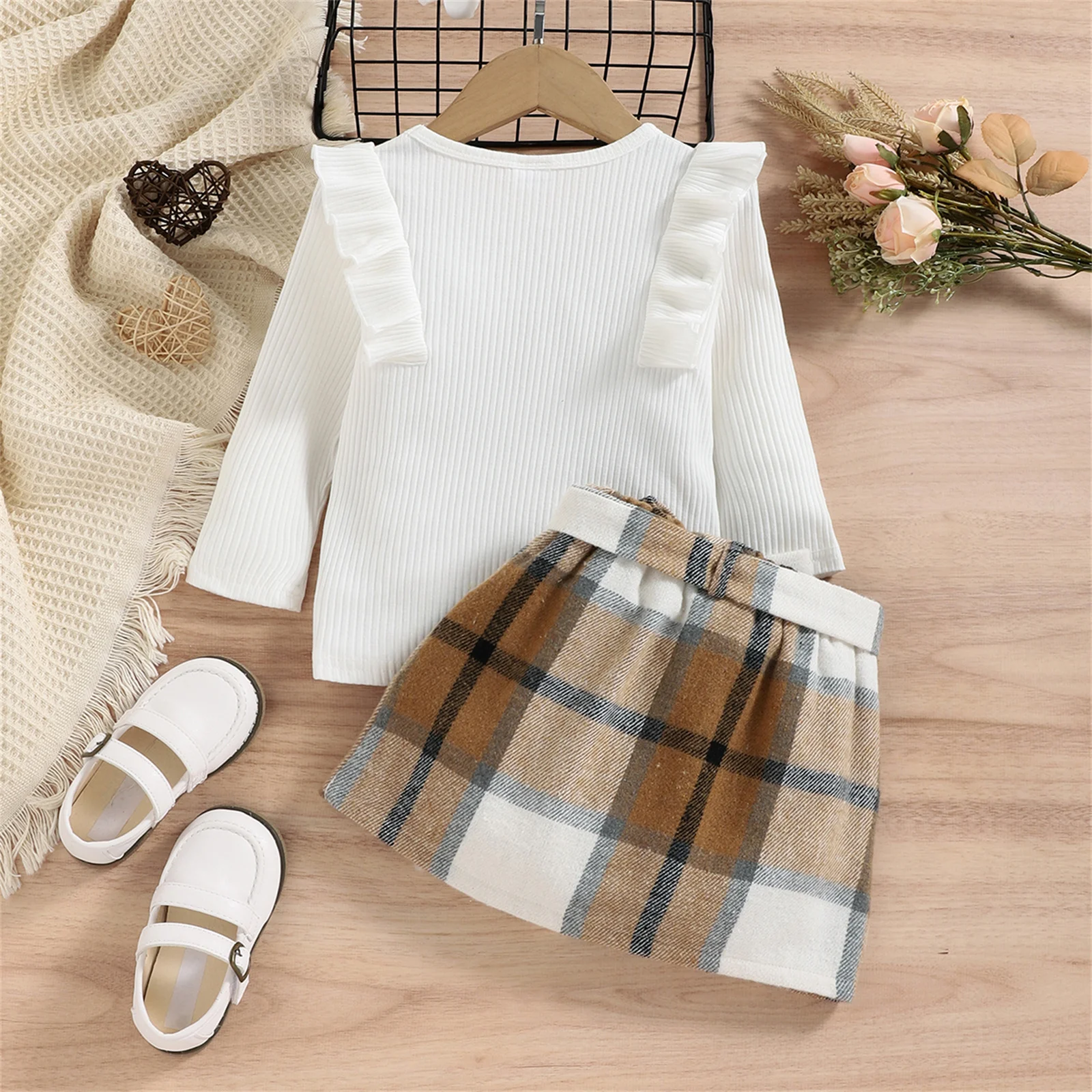 PatPat 2pcs Toddler Girl Trendy Ruffled Ribbed Long-sleeve Tee and Plaid Button Design Skirt Set