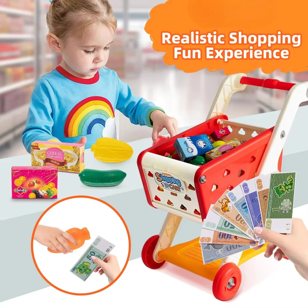 WizKidz Kids Shopping Cart Toy Grocery Trolley With Pretend Play Food Set Supermarket Playset Accessories For Toddlers Aged 3+