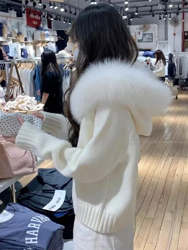 

Ladies' Lazy Cute Long Sve Knitted Sweater with Fur Collar Hooded Coat Unique Sli Casual Wear for Daily Use