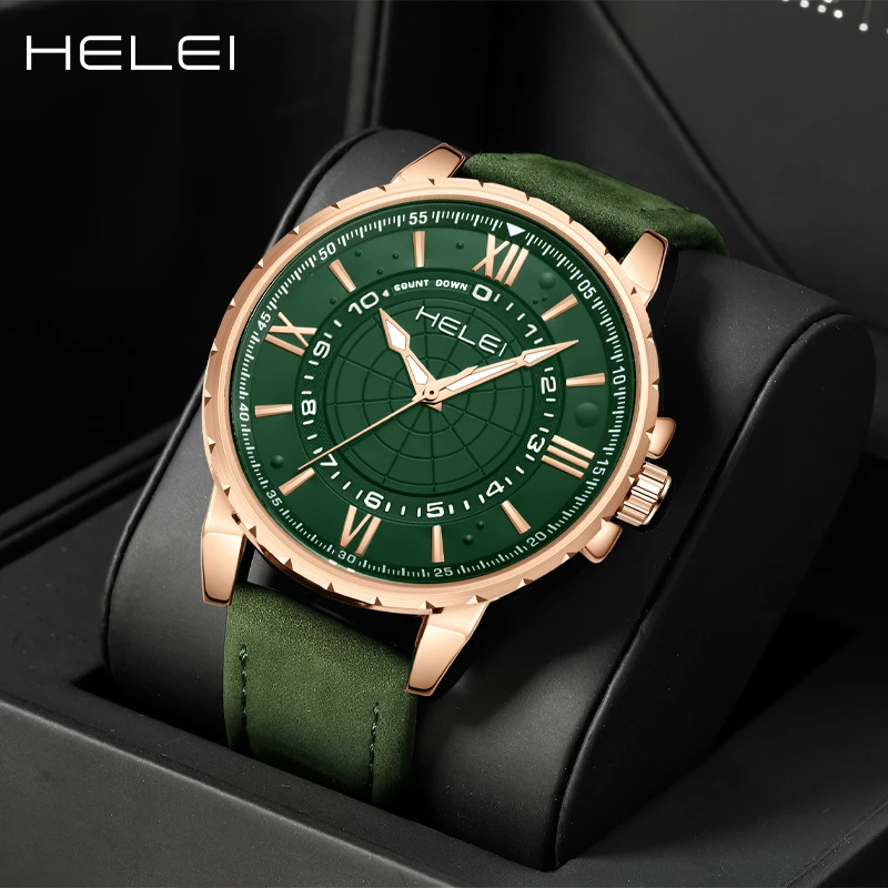 

HELEI2024 new men's quartz watch leather ancient Roman numerical dial men's clock business waterproof luxury men's watches