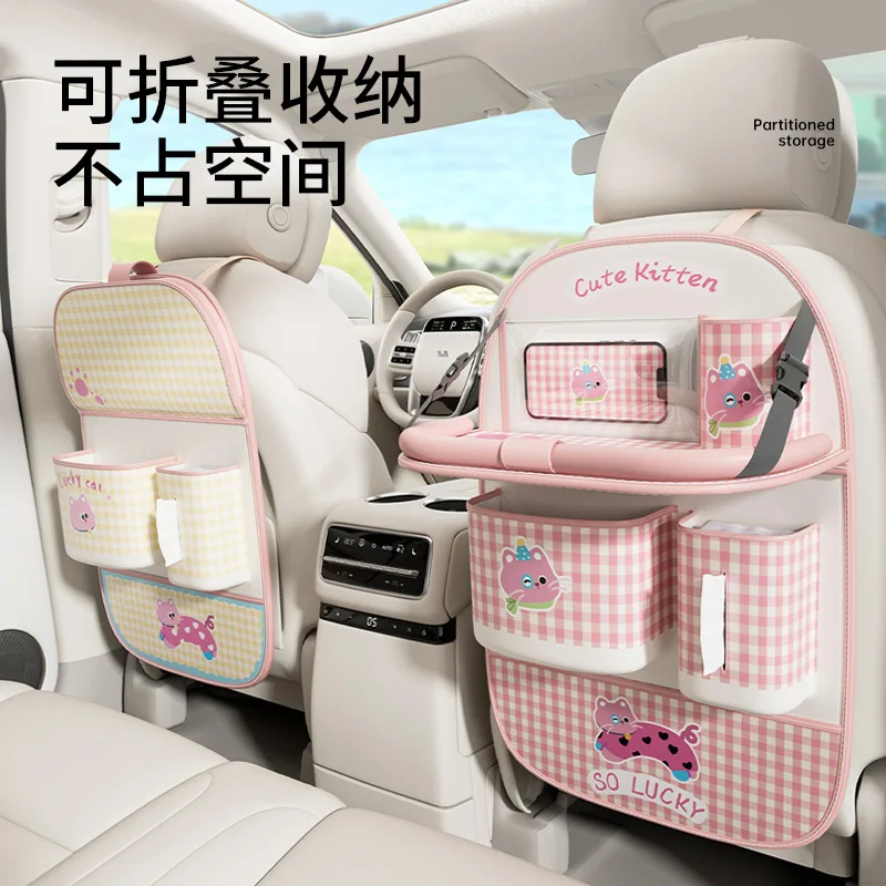 

Leather Deluxe Car Seat Back Organizer-Multi-Function Storage, Foldable Dining Table Tray,Anti-Kick Pad,Decorative Car Accessory