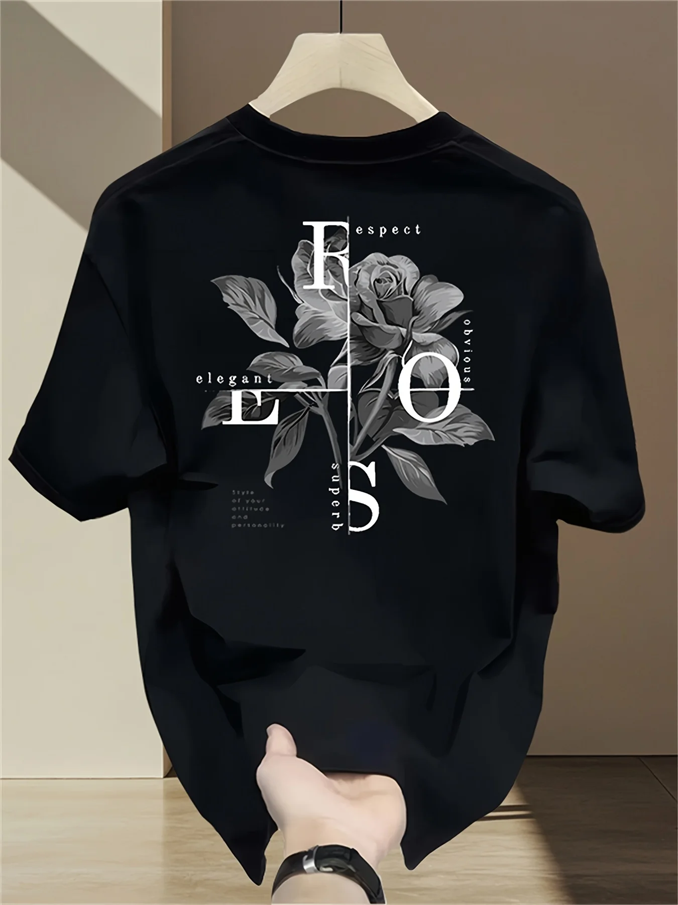 Stylisches Herren-T-Shirt, 100% Baumwolle, Bedrucktes Rosenmuster, Lässig, Bequem, Vielseitig, Trendig, Locker Geschnitten – Detail 3