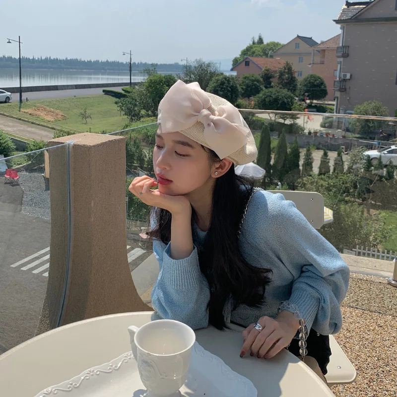 INS Beret Hats For Women Men French Big Bow Hats For Women Summer Beret Cap Black Flat Painter Vintage Female Gorras Hombre