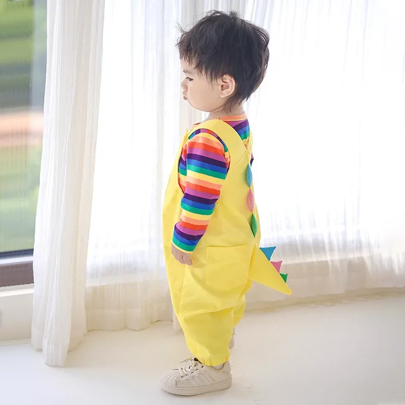 Autumn New Baby Clothes Rompers Boys Girls Bodysuit Children\'s Set Stripe Top +Overall Cartoon Dinosaur Animal Jumpsuits 0-3 Y