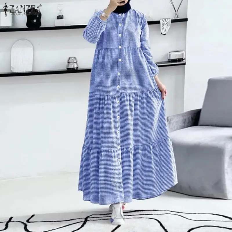 

Мусульманские женские длинные платья ZANZEA в клетку, исламские хиджабы, платье с круглым вырезом, пышными рукавами, на пуговицах, многоярусное, повседневное, для Рамадана, абайя, робы