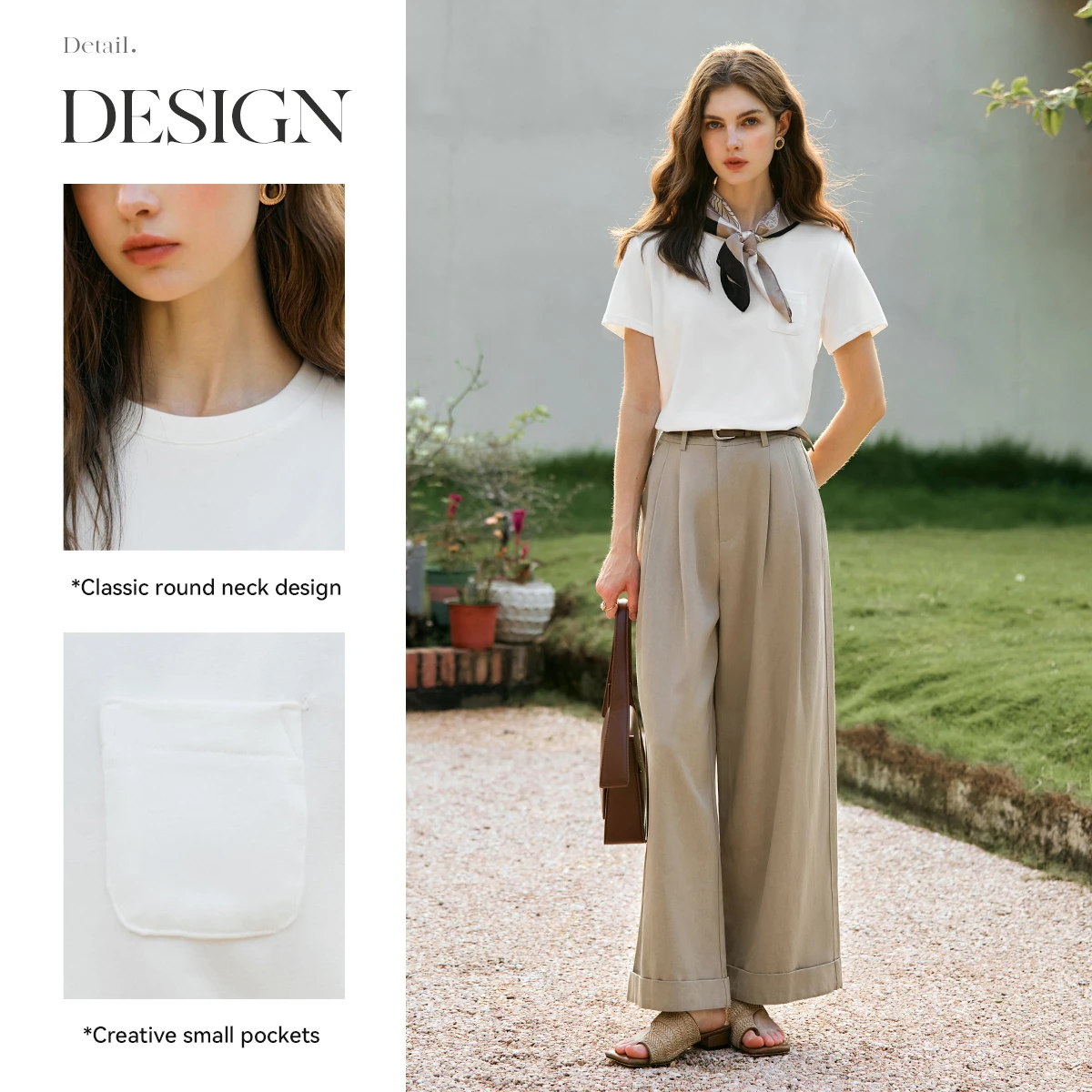 OLrain Classic White T-shirt Women 2025 New Knitted Straight Short Sleeve Commuting Pockets Simple Female Pullover O57XT95501