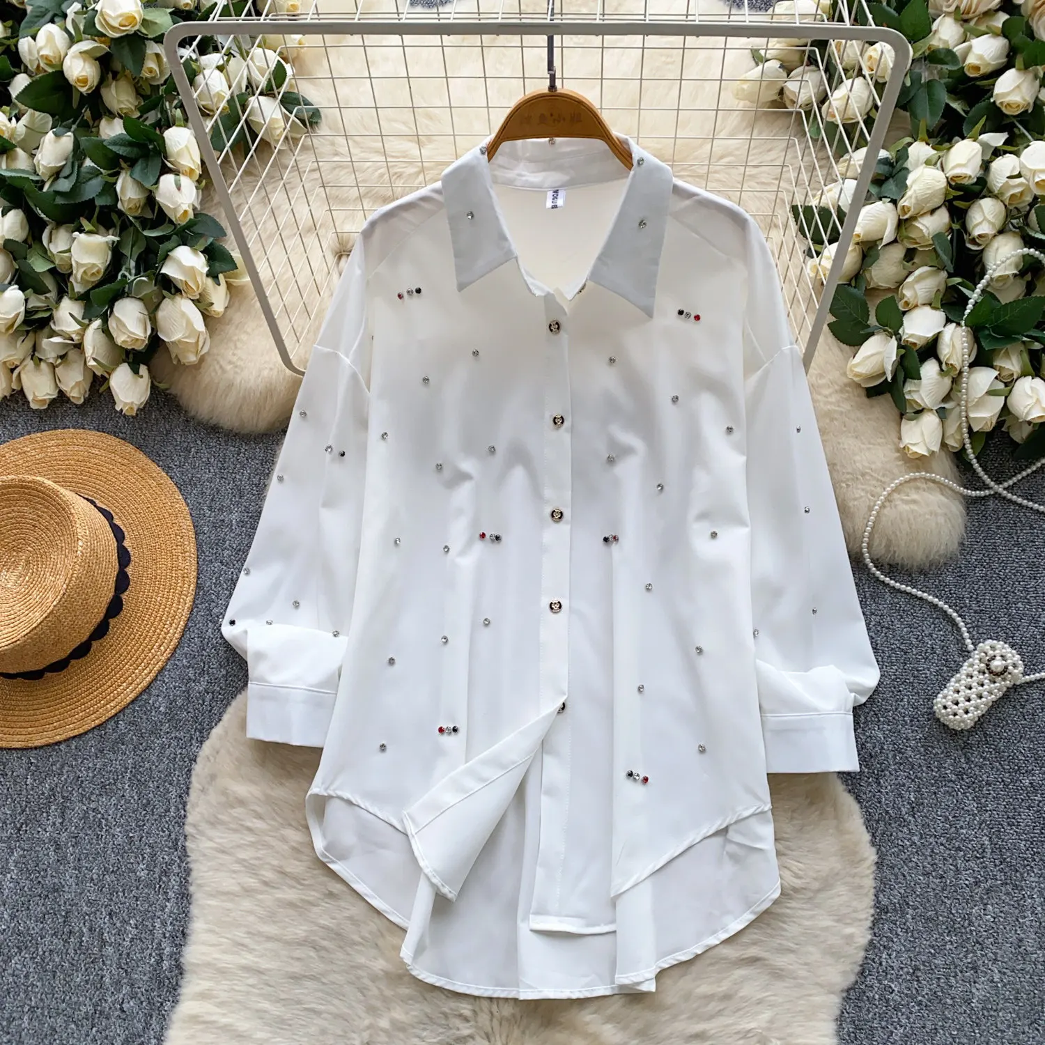 

Женская блузка с бисером, длинные рукава, отложной воротник, однобортная, слегка эластичная, тонкая, свободная, элегантная, повседневная, весна-лето 2026