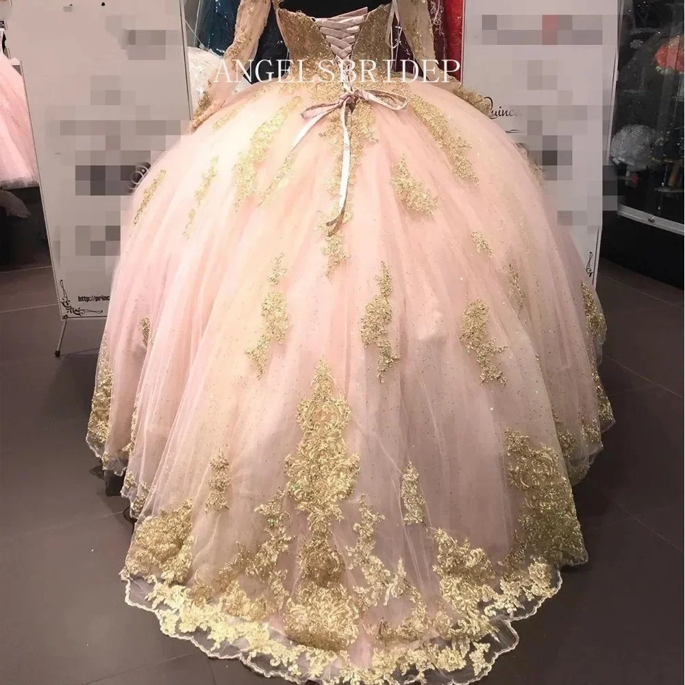 Gorgeous Light Blue Ball Gown Vestido De 15 Años  Customized  Quinceanera Dresses With Gold Appliques Hollow Back Girls Party