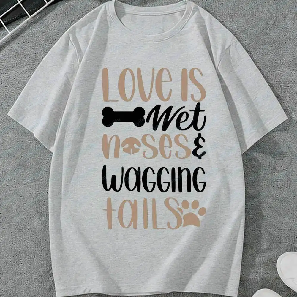 Love Is Wet Noses & Wagging Tails T-Shirt Men Dog Bone & Paw Print Graphic Tees Short Sleeve Cotton Tops Dog Lover Quote Shirts