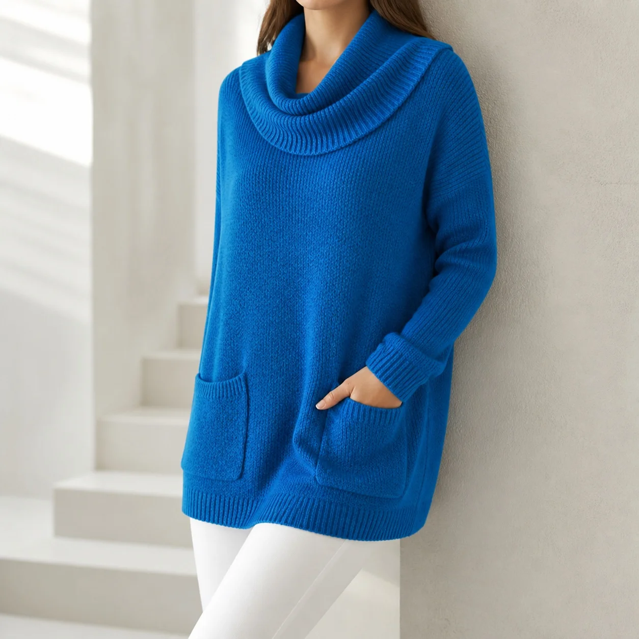 Women's Winter Clothing Women's Winter Sweater U Neck Long Sleeve Loose Fit Medium Weight Solid Color with Front Pockets