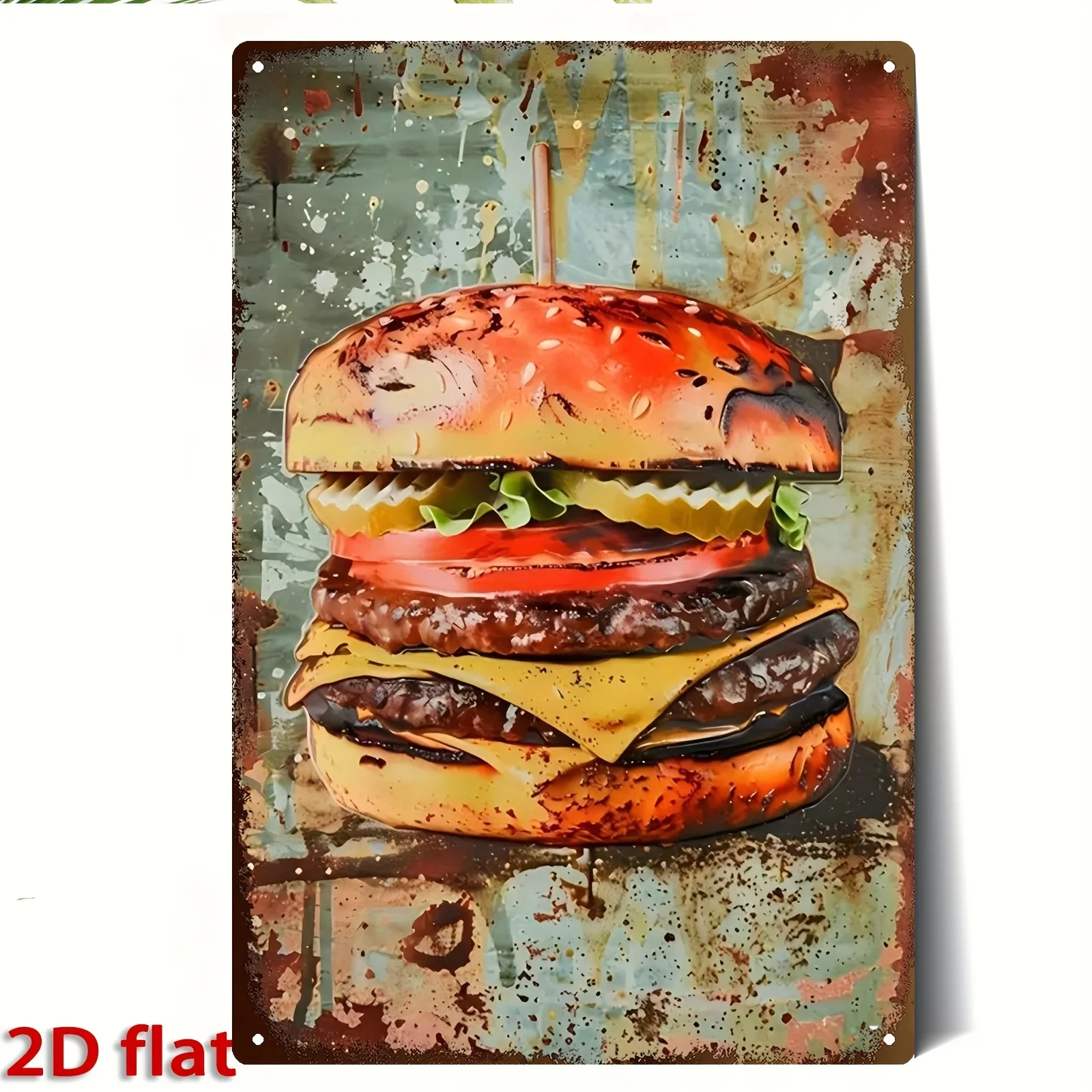 2D Flat, Large Vintage Hamburger Graffiti Metal Wall Plate - Retro Burger Doodle Wall Decor with Realistic Hamburger - Heavy-Dut