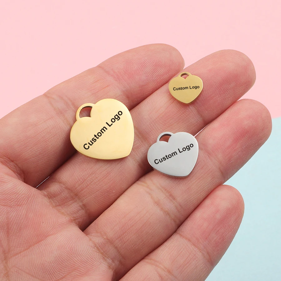 30pcs/Lot Stainless Steel Custom Logo Heart Pendant Tags Personalized Heart Charms Diy Jewelry Logo Tag Big Hole Pendant
