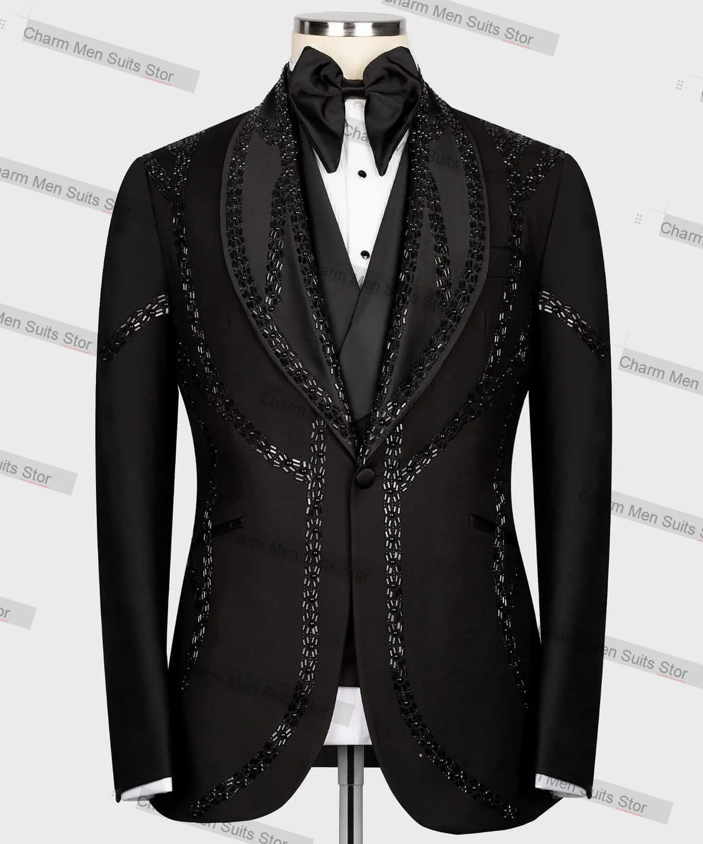 

Formal Beaded Groom Men Suits Set 2 Piece Blazer+Pants Custom Made Luxury Jacket Office Business Wedding Tuxedo Coat Trousers